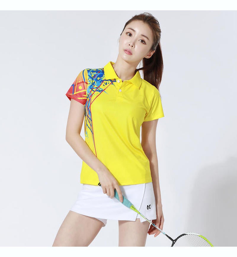 Generic Quick-drying Badminton Suit Mens and Womens Suit Table Tennis Suit Short-sleeved Top Tennis Clothes Volleyball Sports Team Clothes Printed Yellow women + white pants