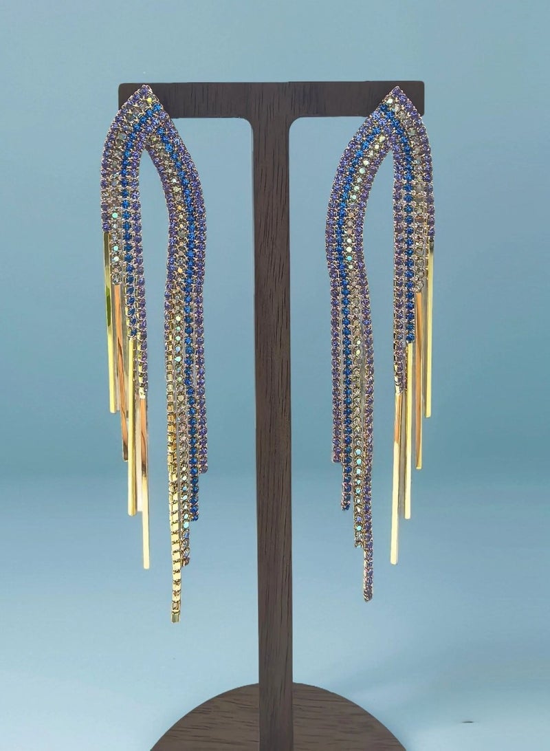 Dangles, Ear Drops, Elegant Blue and Gold Beaded Dangle Earrings with Fringe Design, Modern Style Accessory, Gift for Friends, Birthday, Festival