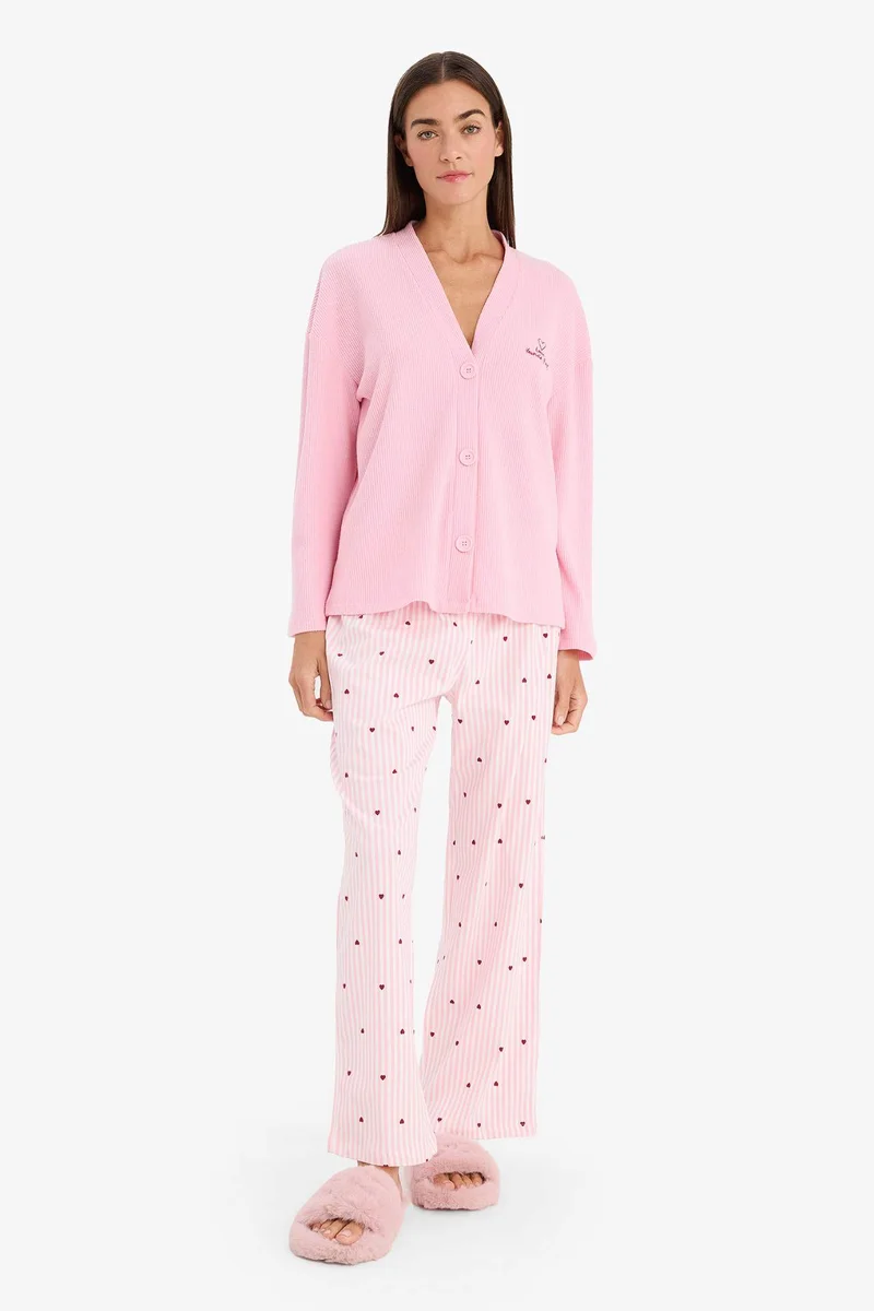 ديفاكتو Regular Fit V-Neck Long Sleeve Waffle Pijama Top
