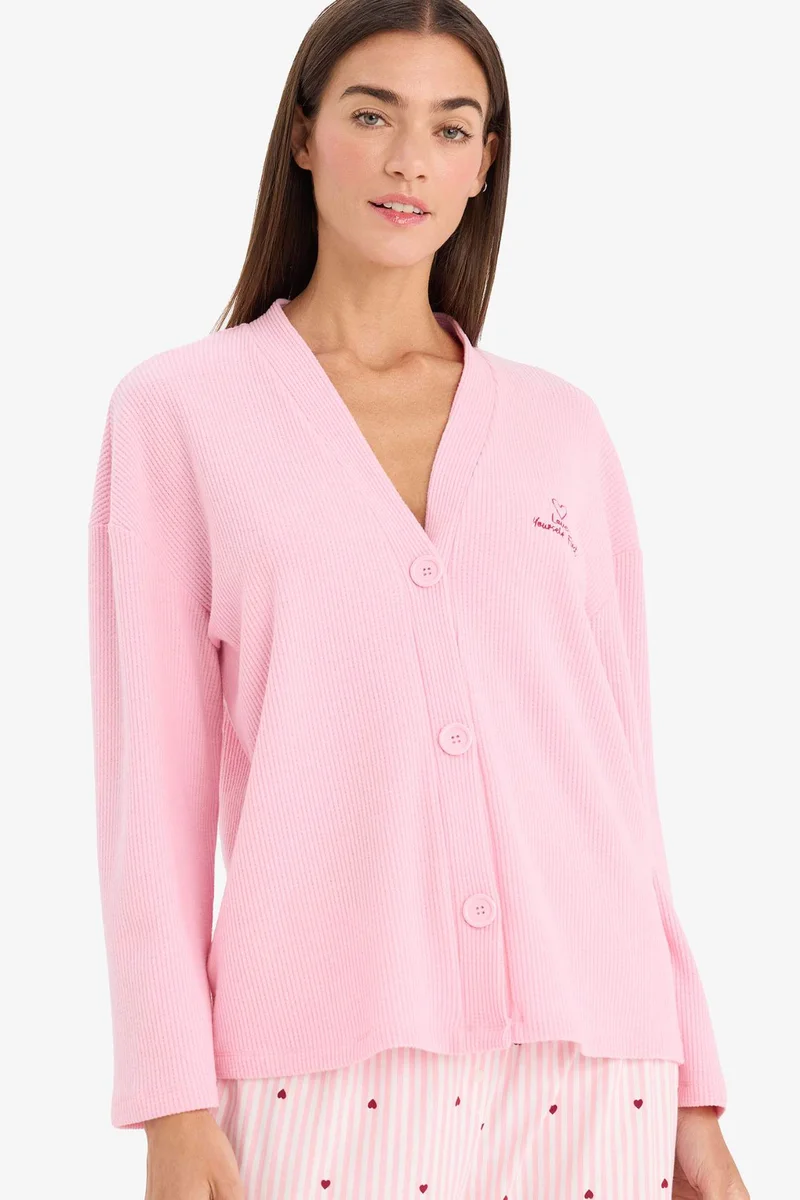 ديفاكتو Regular Fit V-Neck Long Sleeve Waffle Pijama Top