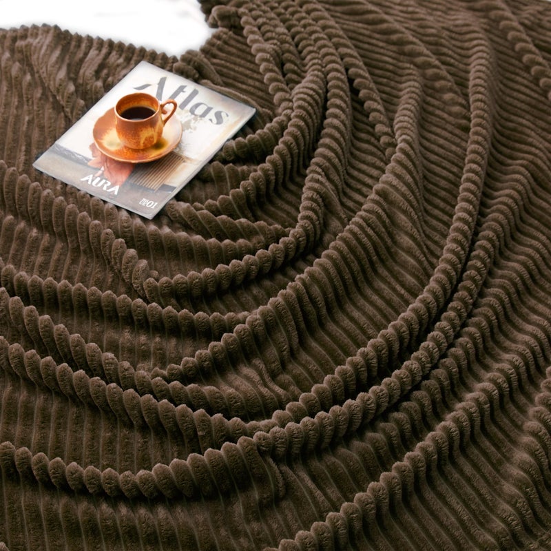 Vessia Flannel Fleece Throw Blanket  300GSM Cozy Brown Stripe Throw Blanket for Couch  Sofa and Bed  Warm and Soft Chocolate Microfiber Ribbed Blanket for All Season - Image 3