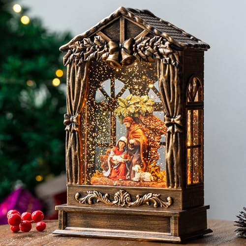 Xindian Christmas Snow Globe Lighted Manger Nativity Scene, Musical Holy Family Water Creche Play Silent Night Music in Swirling Glitter, Holiday Decorations Gifts for Family, Children or Friends - Image 1