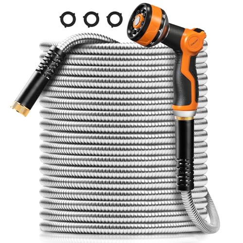 Omont Metal Garden Hose 50FT, Heavy Duty 304 Stainless Steel Water Hoses with Nozzle, Flexible Garden Hose, Lightweight, Rust Proof, No-Kink & Tangle for Yard, Outdoor, RV - Image 1