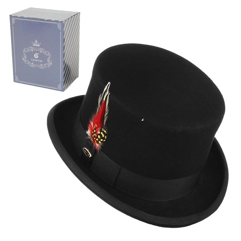 GEMVIE Men 100% Wool Top Hat Mad Hatter Satin Lined Black Low Top Hats for Party - Image 4