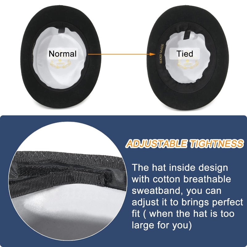 GEMVIE Men 100% Wool Top Hat Mad Hatter Satin Lined Black Low Top Hats for Party - Image 5