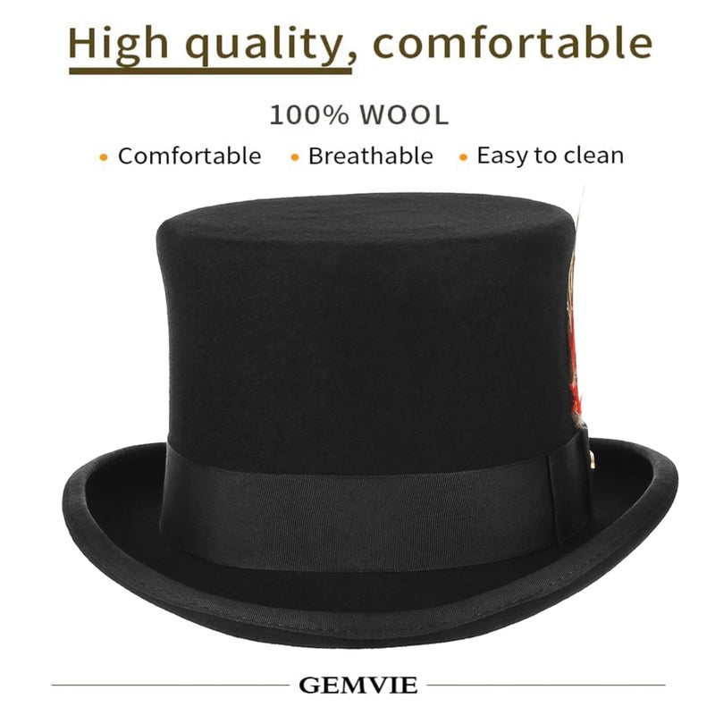 GEMVIE Men 100% Wool Top Hat Mad Hatter Satin Lined Black Low Top Hats for Party - Image 2