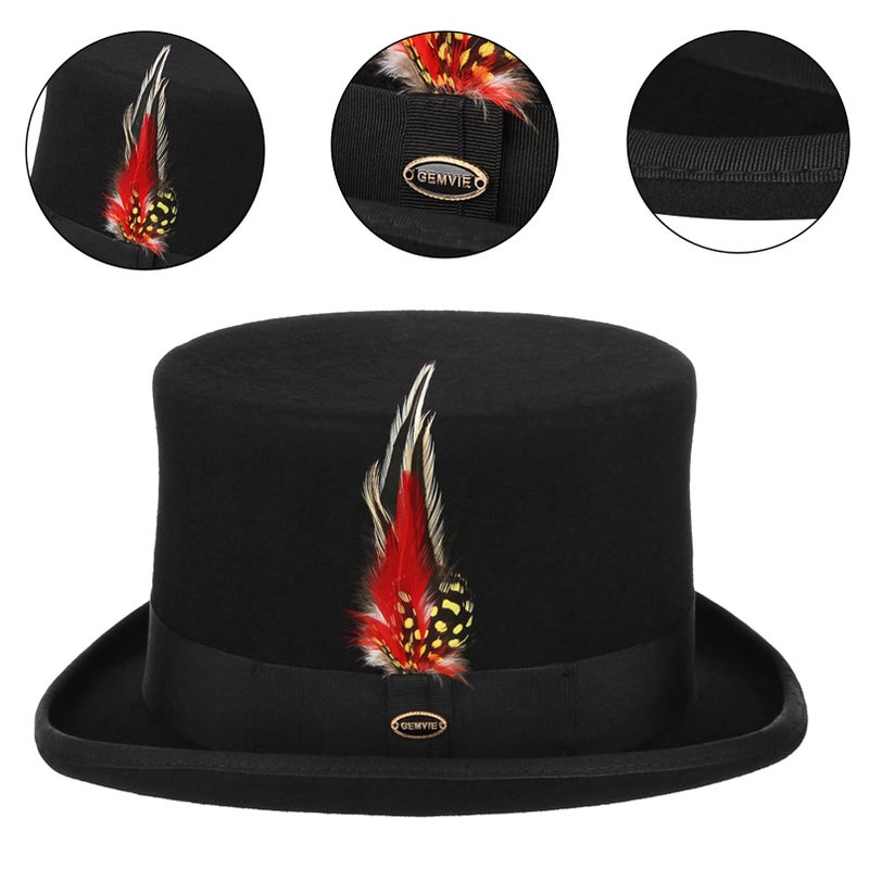 GEMVIE Men 100% Wool Top Hat Mad Hatter Satin Lined Black Low Top Hats for Party - Image 3