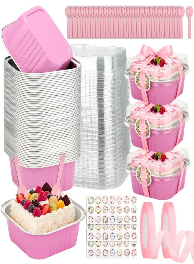 Tetutor 60 Pack 10oz Mini Cake Pans with Lids and Spoons, Mini Cake Tins with Lids, Disposable Aluminum Foil Pan,Large Square Individual Small Baking Pan Cup for Wedding Birthday Party Picnics - Image 1