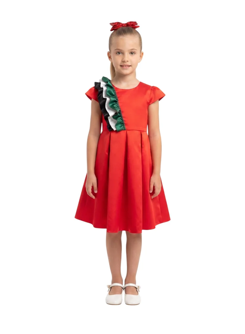 Girls' UAE National Day Ruffled Sash Pleated Red Satin Dress