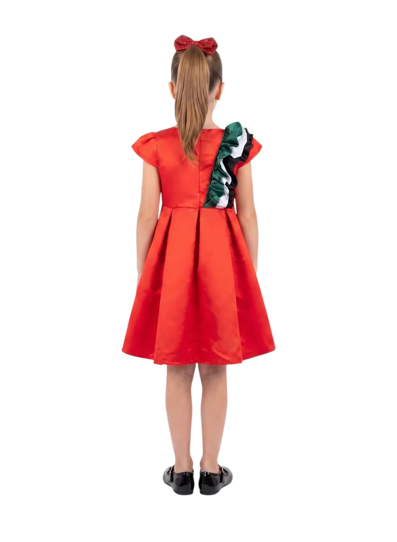 Bidani  Girls' UAE National Day Ruffled Sash Pleated Red Satin Dress for Women | Best Price UAE