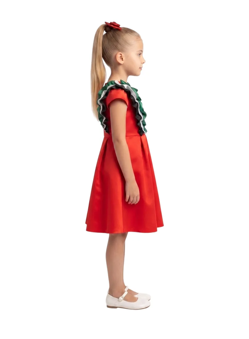 Bidani  Girls' UAE National Day Ruffled Sash Pleated Red Satin Dress for Women | Best Price UAE