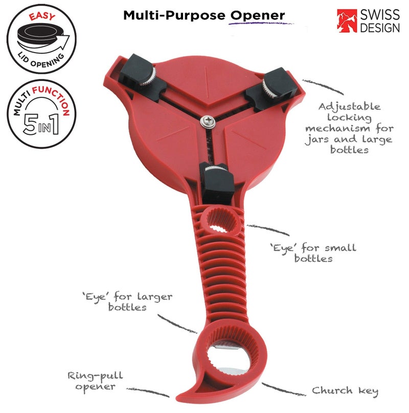 Kuhn Rikon 5-in-1 Multi-Purpose Strain-Free Opener for Jars, Bottles and Ring-Pull Cans, 5 x 10 x 2.25 inches, Red - Image 2
