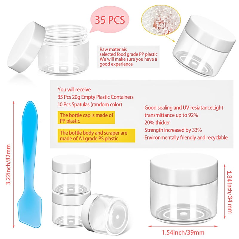 MotBach 35 Pack 20g Plastic Jars with Lids, 20ml Round Clear Cosmetic Containers Makeup Jars, Travel Size Container Jar with 10 Spatulas for Sample Lotion Cream Eyeshadow Ointment Salve Balm Powder - Image 2