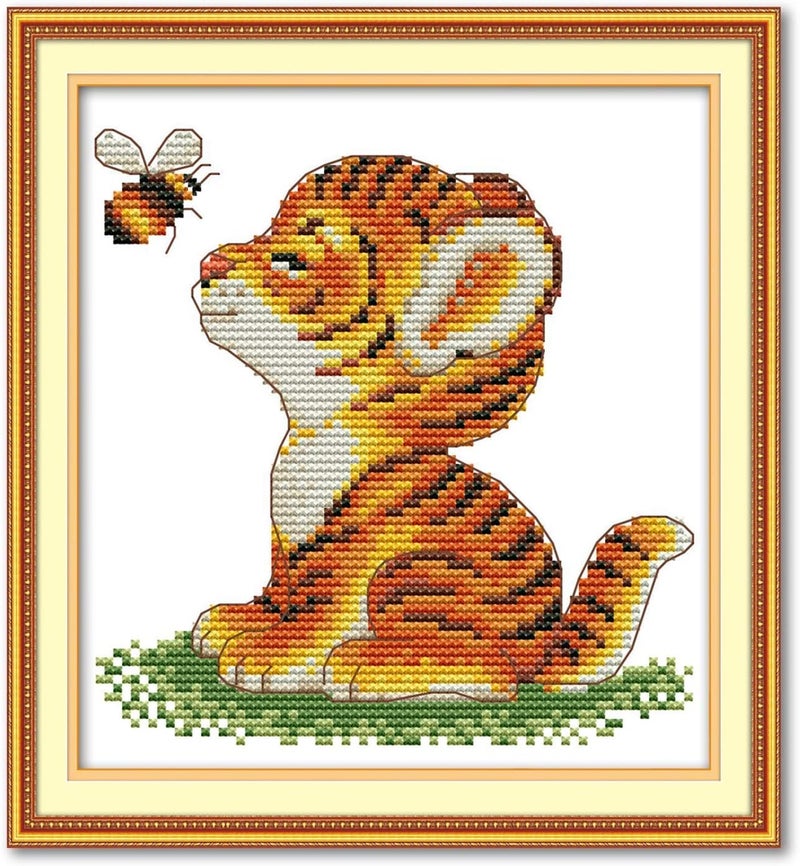 ITSTITCH Printed Cross Stitch Kits 11CT 9X9 inch 100% Cotton Holiday Gift DIY Embroidery Starter Kits Easy Patterns Embroidery for Adults Crafts DMC Stamped Cross-Stitch Supplies Needlework Tiger and Bee - Image 1