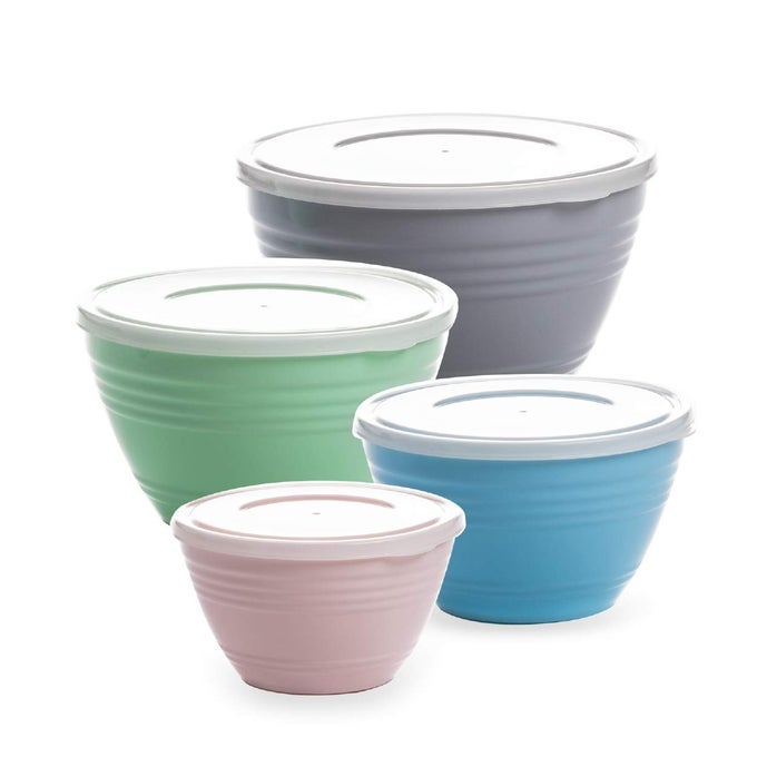 MIXING BOWL SET WITH LIDS VERSATILE PLASTIC BOWLS FOR KITCHEN MIXING SERVING AND STORAGE 4PIECE MIXING BOWL SET IN VARIOUS SIZES SPACESAVING NESTING DESIGN DISHWASHER SAFE