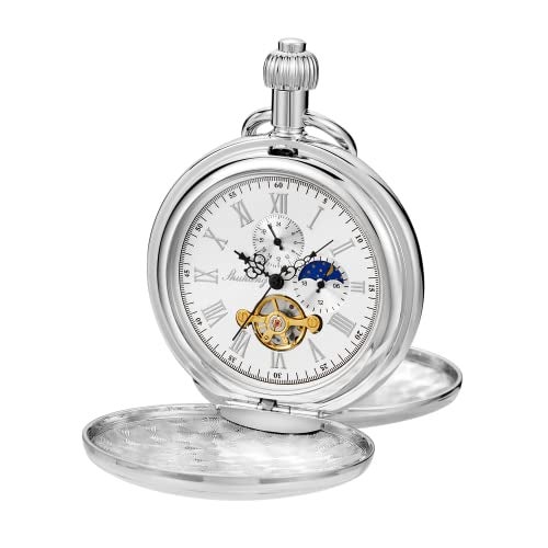 Whodoit Sliver Smooth Shield Double Cover Mens Mechanical Pocket Watch Double Cover Roman Moonlight Design Dial Pocket Watch with Chain for Men - Image 1