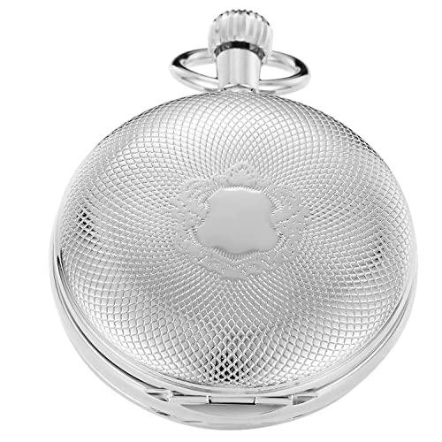 Whodoit Sliver Smooth Shield Double Cover Mens Mechanical Pocket Watch Double Cover Roman Moonlight Design Dial Pocket Watch with Chain for Men - Image 3