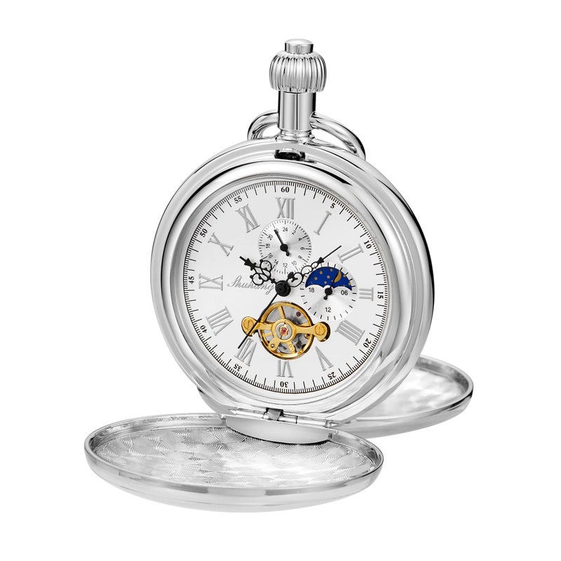 Whodoit Sliver Smooth Shield Double Cover Mens Mechanical Pocket Watch Double Cover Roman Moonlight Design Dial Pocket Watch with Chain for Men - Image 2