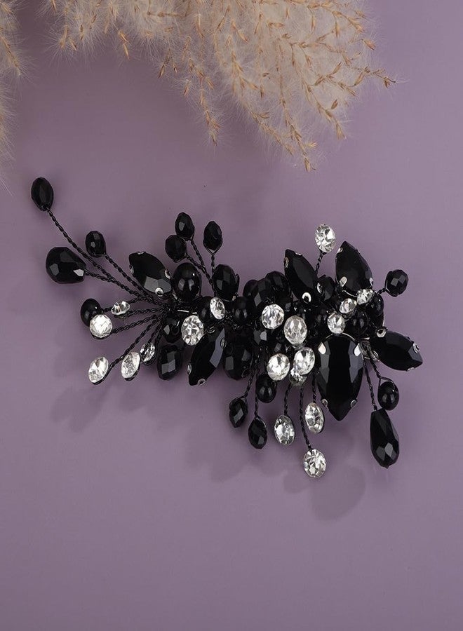 Rumtock Black Crystal Hair Clip for Women Wedding Bridal Handmade Hair Accessories Side Headpiece Jewelry (Black) - Image 1