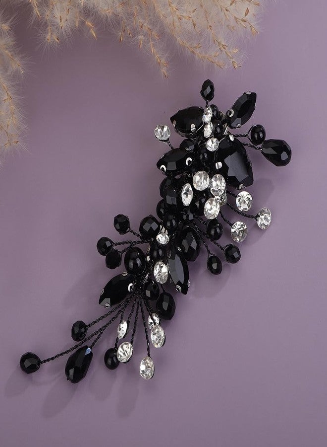 Rumtock Black Crystal Hair Clip for Women Wedding Bridal Handmade Hair Accessories Side Headpiece Jewelry (Black) - Image 2