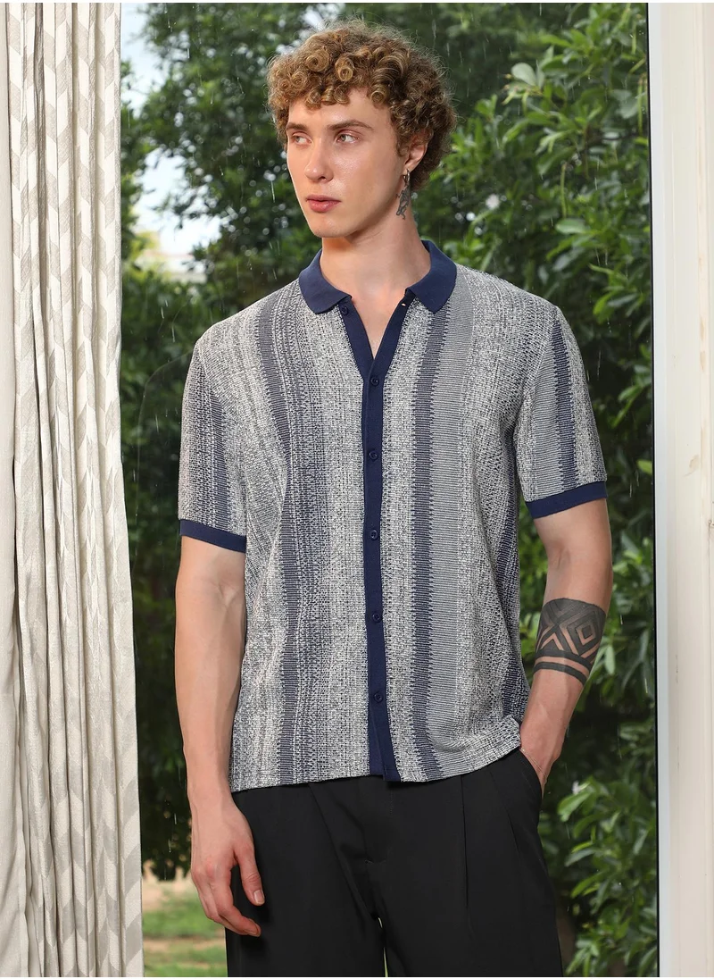 Campus Sutra Men's Textured Cotton Blend Cuban Collar Shirt With Vertical Stripes