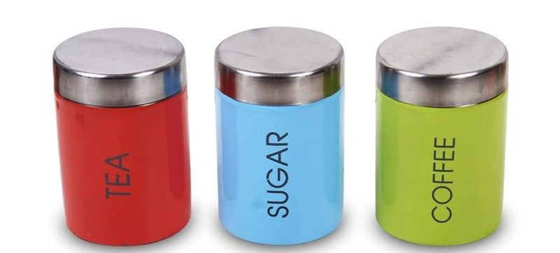 VISAXMI Tea Sugar Coffee Container Set of 3 Tea Sugar Canister Stainless Steel Jar Steel Container 800ml Pack of 3 RedGreenBlue - Image 1