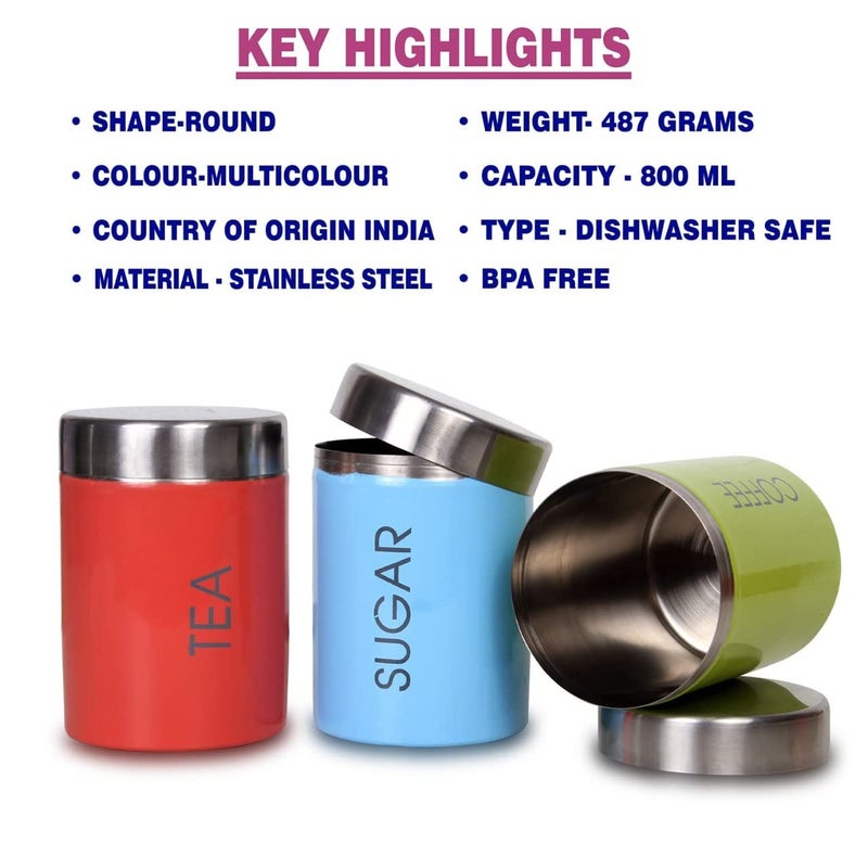 VISAXMI Tea Sugar Coffee Container Set of 3 Tea Sugar Canister Stainless Steel Jar Steel Container 800ml Pack of 3 RedGreenBlue - Image 3