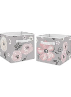Sweet Jojo Designs Sweet Jojo Designs Grey Watercolor Floral Foldable Fabric Storage Cube Bins Boxes Organizer Toys Kids Baby Childrens - Set of 2 - Blush Pink Gray and White Shabby Chic Rose Flower Farmhouse  - Image 1