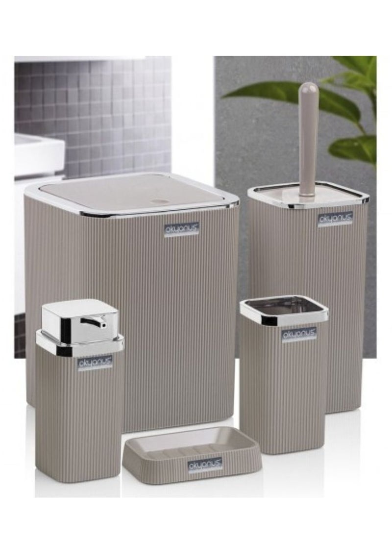 Okyanus Stella chrome bathroom accessories set 5 pieces set toilet brush liquid soap dispenser trash waste bin tooth brush and paste holder soap dish cup beige  - Image 2