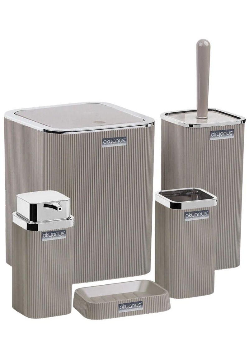 Okyanus Stella chrome bathroom accessories set 5 pieces set toilet brush liquid soap dispenser trash waste bin tooth brush and paste holder soap dish cup beige  - Image 1