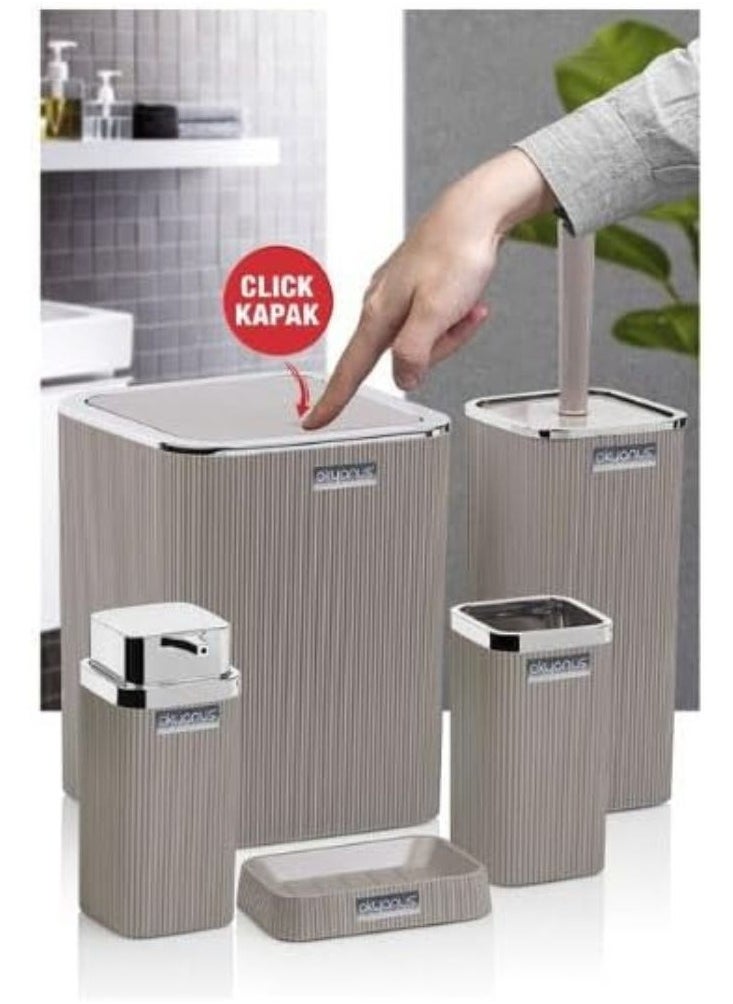 Okyanus Stella chrome bathroom accessories set 5 pieces set toilet brush liquid soap dispenser trash waste bin tooth brush and paste holder soap dish cup beige  - Image 3