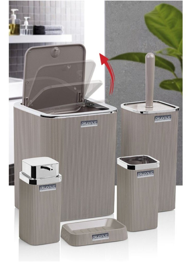Okyanus Stella chrome bathroom accessories set 5 pieces set toilet brush liquid soap dispenser trash waste bin tooth brush and paste holder soap dish cup beige  - Image 4