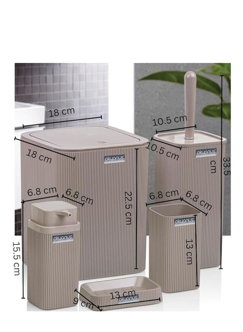 Okyanus Stella chrome bathroom accessories set 5 pieces set toilet brush liquid soap dispenser trash waste bin tooth brush and paste holder soap dish cup beige  - Image 5