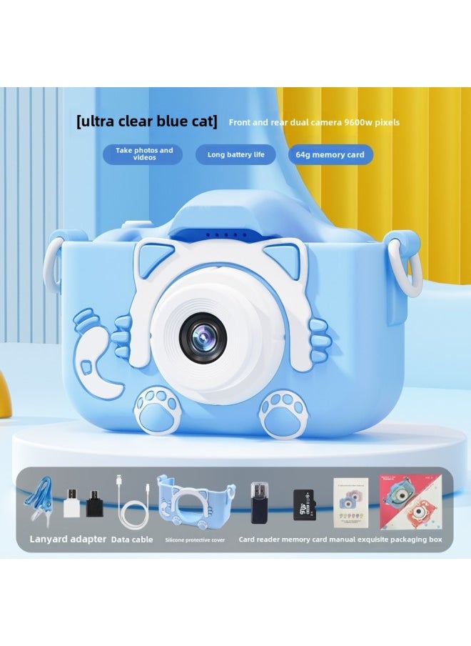 Generic Children's Camera Toys Can Be Photographed Can Be Printed Baby Birthday Gift High Pixel Video Camera-Colour: Blue Cat + 64g Card + Dual Camera + Accessory Bag Mobile Phone Mutual Transfer✅:1:n:n:0  - Image 1
