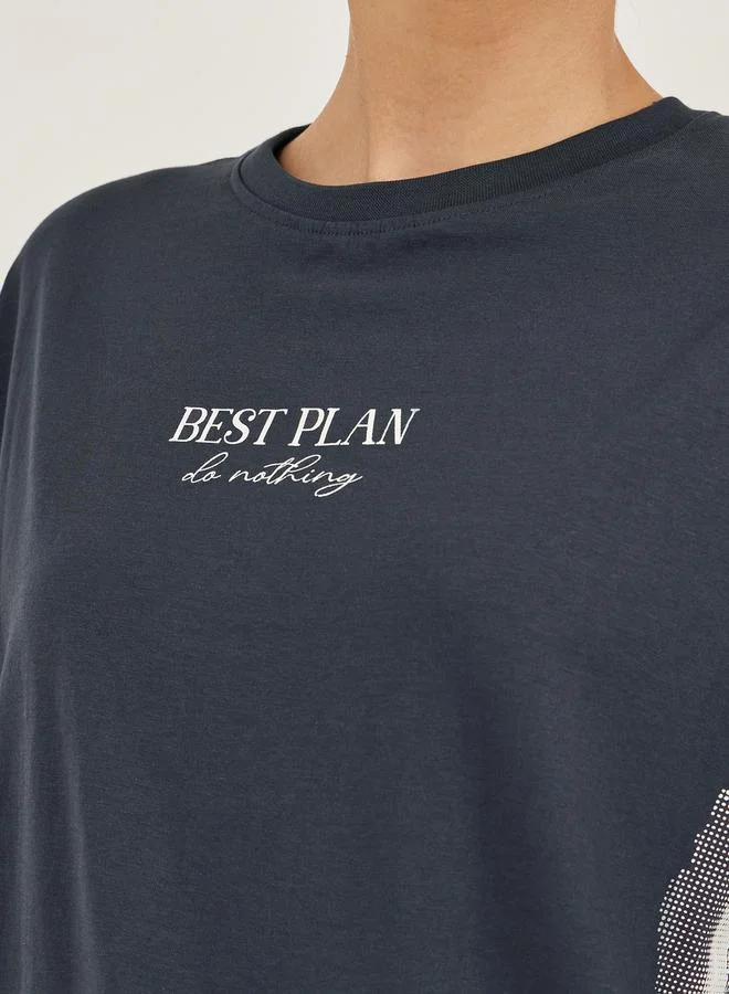 Styli Slogan Print Round Neck Oversized T-Shirt