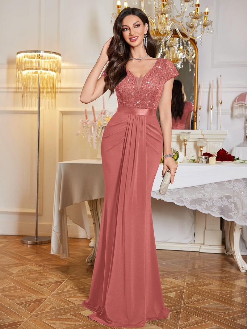 Miusol Women's Deep V-Neck Elegant Lace Sequin Pleated Evening Formal Maxi Dress (XX-Large, Cinnamon Pink) - Image 3