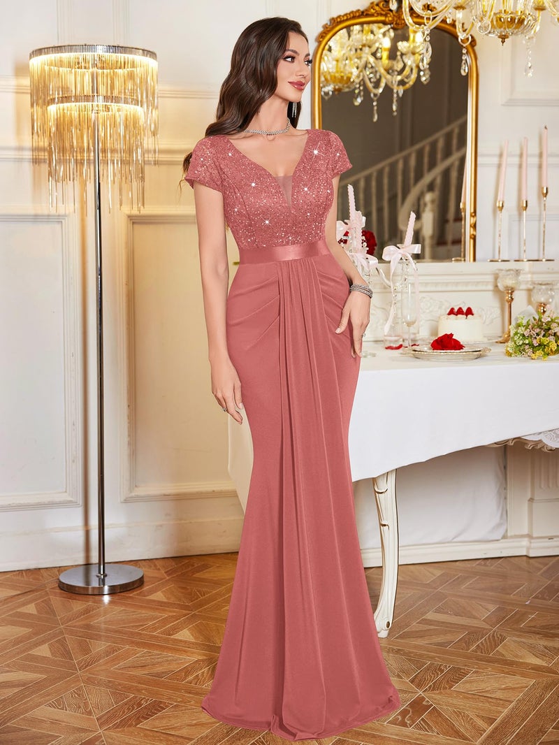 Miusol Women's Deep V-Neck Elegant Lace Sequin Pleated Evening Formal Maxi Dress (XX-Large, Cinnamon Pink) - Image 5