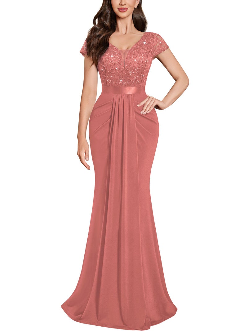 Miusol Women's Deep V-Neck Elegant Lace Sequin Pleated Evening Formal Maxi Dress (XX-Large, Cinnamon Pink) - Image 1