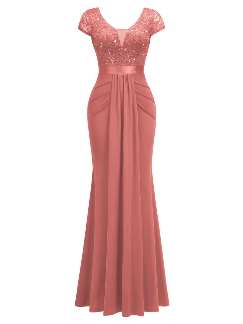 Miusol Women's Deep V-Neck Elegant Lace Sequin Pleated Evening Formal Maxi Dress (XX-Large, Cinnamon Pink) - Image 4