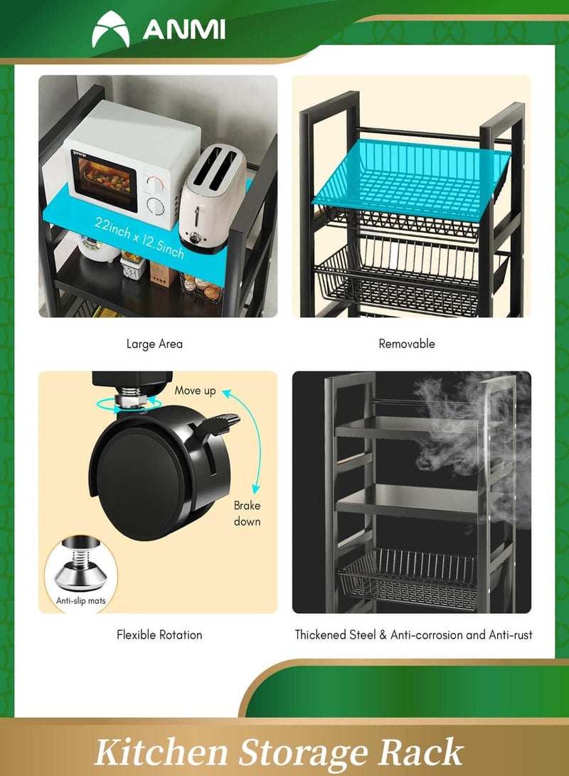 Anmi 5-Tier Kitchen Storage Shelves, Metal Shelves for Storage Pantry Shelves with Rolling Wheels, Movable Multifunctional Storage Rack, Standing Shelf Rack for Kitchen/Bedroom/Laundry Closet - Image 5