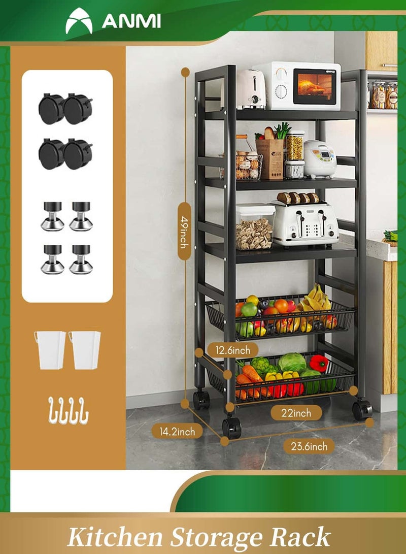 Anmi 5-Tier Kitchen Storage Shelves, Metal Shelves for Storage Pantry Shelves with Rolling Wheels, Movable Multifunctional Storage Rack, Standing Shelf Rack for Kitchen/Bedroom/Laundry Closet - Image 2