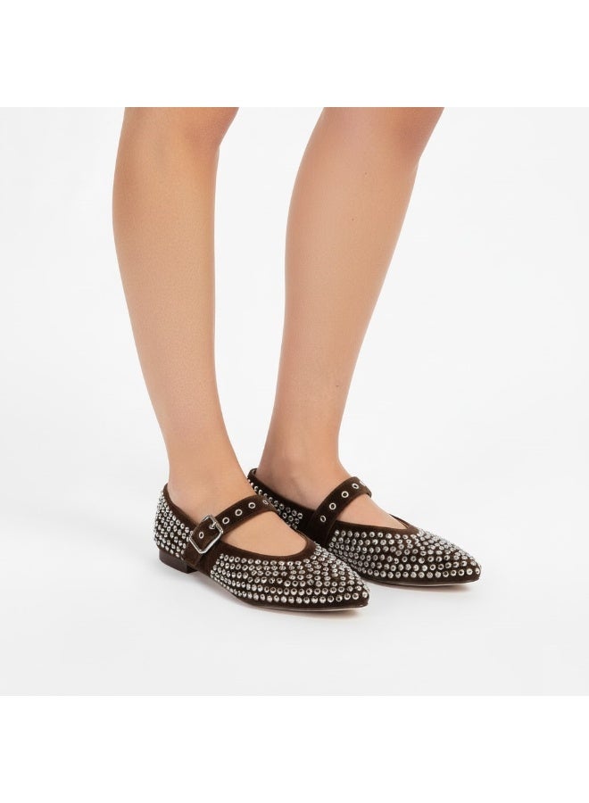 Women's flat shoes adorned with sparkling rhinestones, featuring an elegant design and an adjustable strap. - Image 1