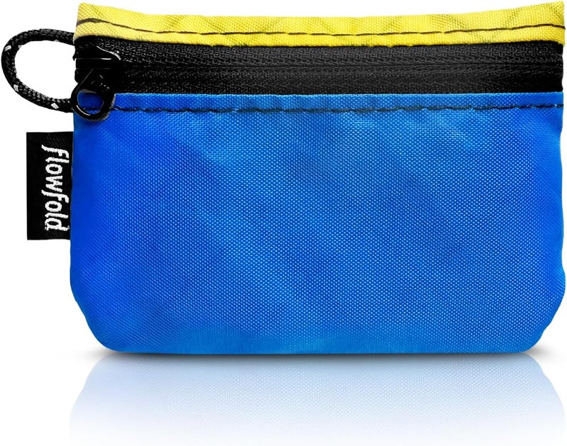 Flowfold Essentialist Clippable Mini Zip Pouch for Holding Coin, ID, Credit Card, and More | Small Water Repellent Wallet Made from Recycled Materials | Handcrafted In USA | Blue and Yellow - Image 1