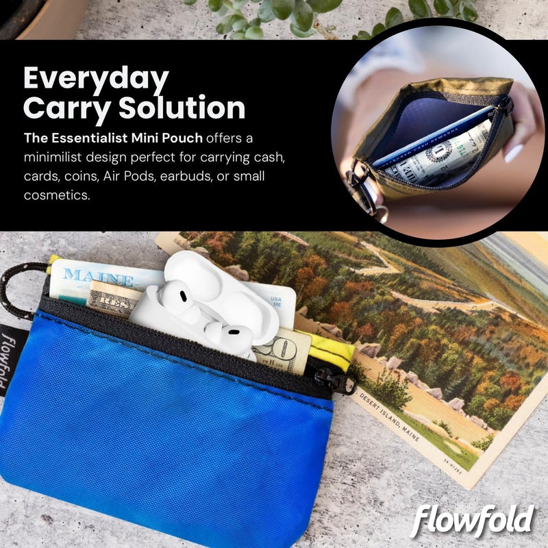 Flowfold Essentialist Clippable Mini Zip Pouch for Holding Coin, ID, Credit Card, and More | Small Water Repellent Wallet Made from Recycled Materials | Handcrafted In USA | Blue and Yellow - Image 3