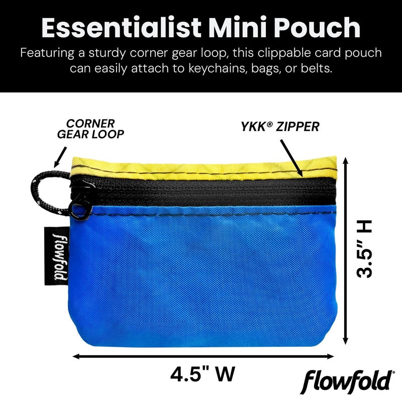 Flowfold Essentialist Clippable Mini Zip Pouch for Holding Coin, ID, Credit Card, and More | Small Water Repellent Wallet Made from Recycled Materials | Handcrafted In USA | Blue and Yellow - Image 2