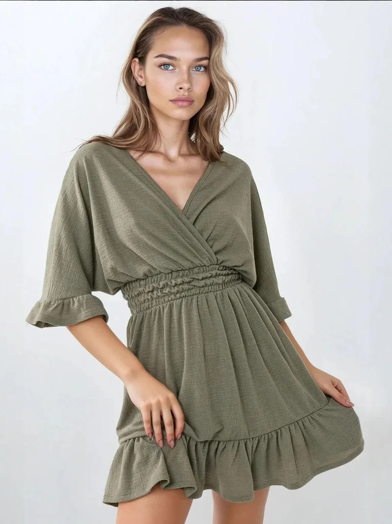 HICCUP Textured V-Neck Mini Dress