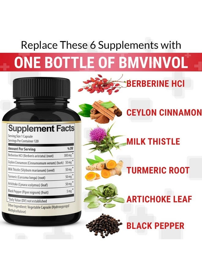 BMVINVOL BMVINVOL 6in1 Berberine Supplement with Ceylon Cinnamon, Tumeric Root, Milk Thistle, Artichoke, Black Pepper -120 Capsules for 4 Month Supply - Image 5