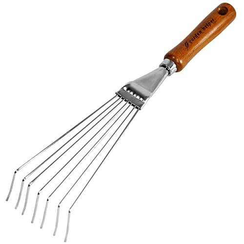 Japanese Hand Rake Garden Tool Japanese Steel with Wood Handle Small Rake for Leaves Handheld Garden Cleaning Tool Made in Japan Silver