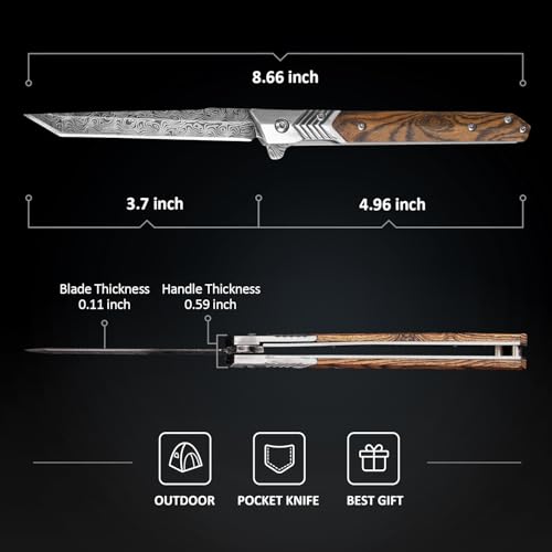 ITOKEY EDC Pocket Knife for Men, 3.7 inch Slim Folding Knife with Tanto Blade and Liner Lock, Unique Gentleman's Gift, Thin Cool Knives for Outdoor Camping, Pocket Sheath for Keychain Everyday Carry - Image 3