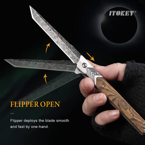 ITOKEY EDC Pocket Knife for Men, 3.7 inch Slim Folding Knife with Tanto Blade and Liner Lock, Unique Gentleman's Gift, Thin Cool Knives for Outdoor Camping, Pocket Sheath for Keychain Everyday Carry - Image 4